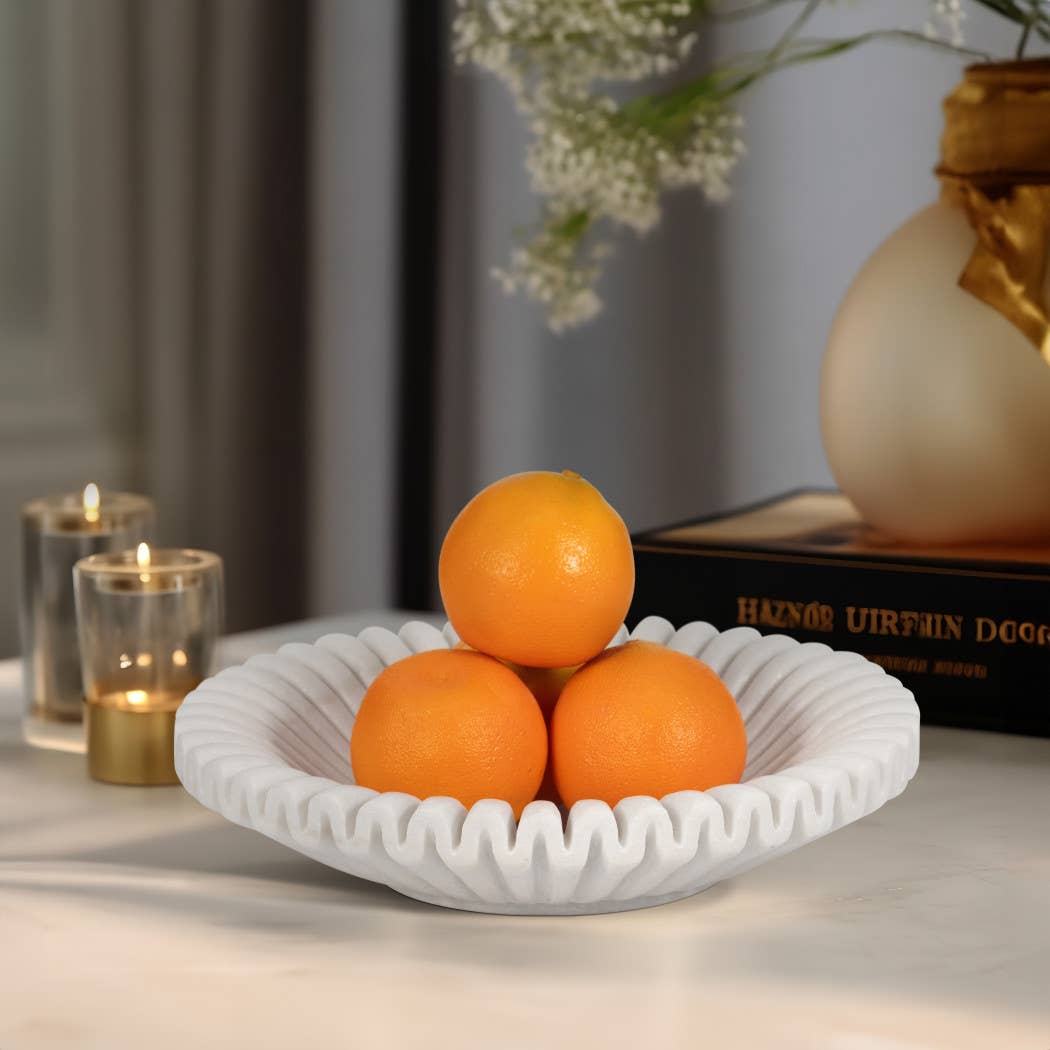Marble Stone Pleated Ribbed Decorative Bowl - White, 12 in.