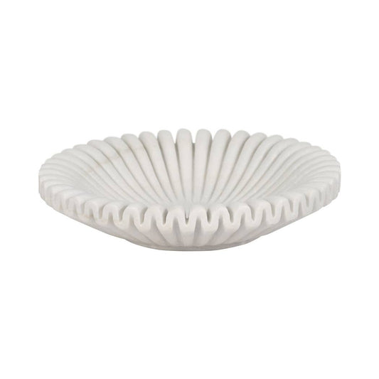 Marble Stone Pleated Ribbed Decorative Bowl - White, 12 in.
