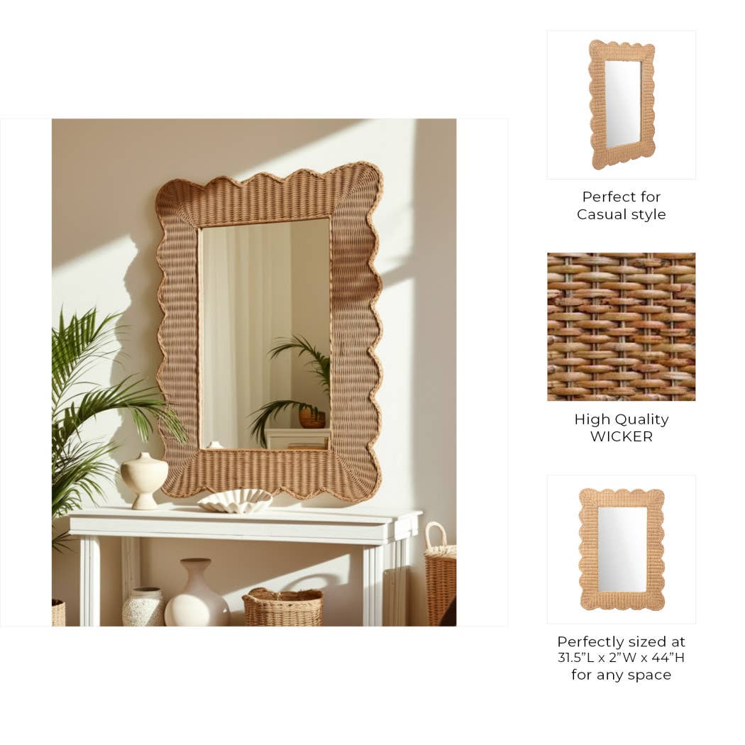 Woven Wicker Scalloped Edge Coastal Mirror - Tan, 44 in.