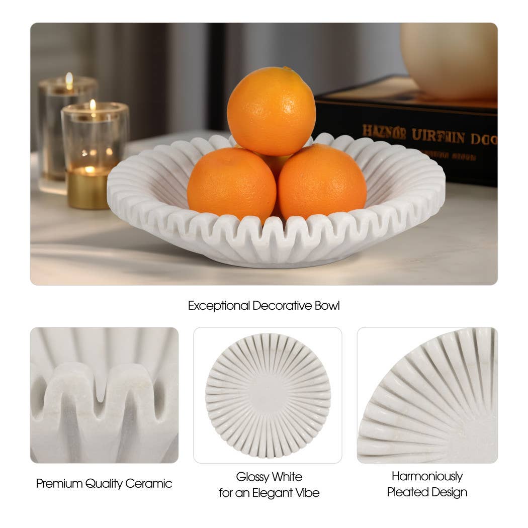 Marble Stone Pleated Ribbed Decorative Bowl - White, 12 in.