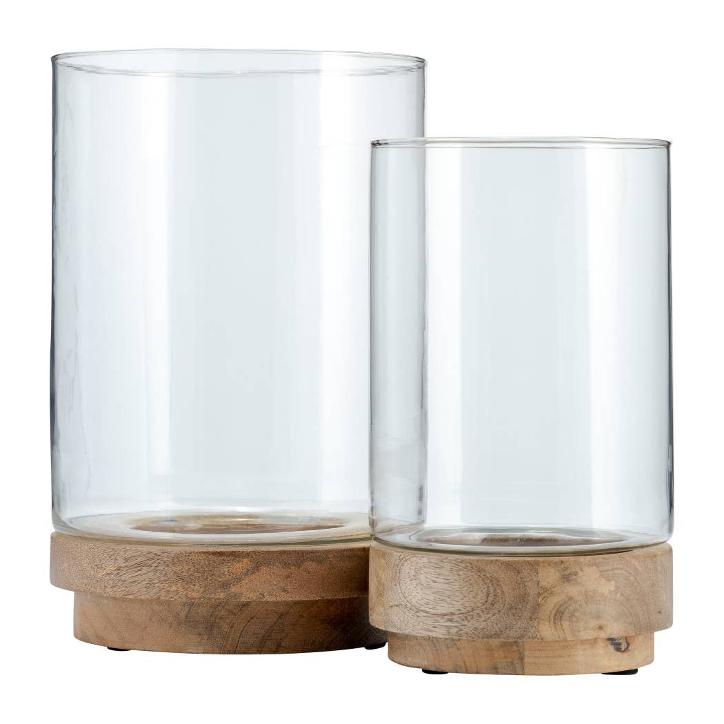 Glass Hurricane Holder on Wood Base Set - Clear, 9/11 in.