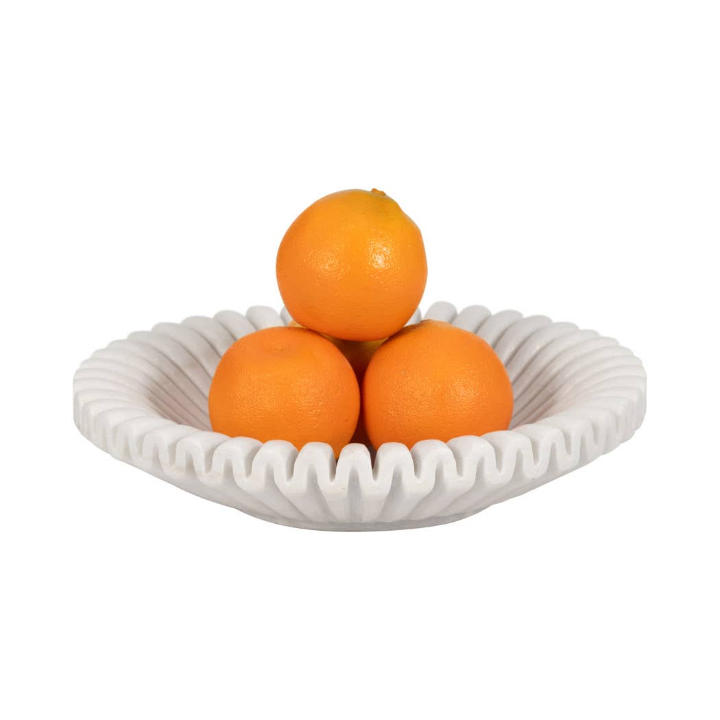 Marble Stone Pleated Ribbed Decorative Bowl - White, 12 in.