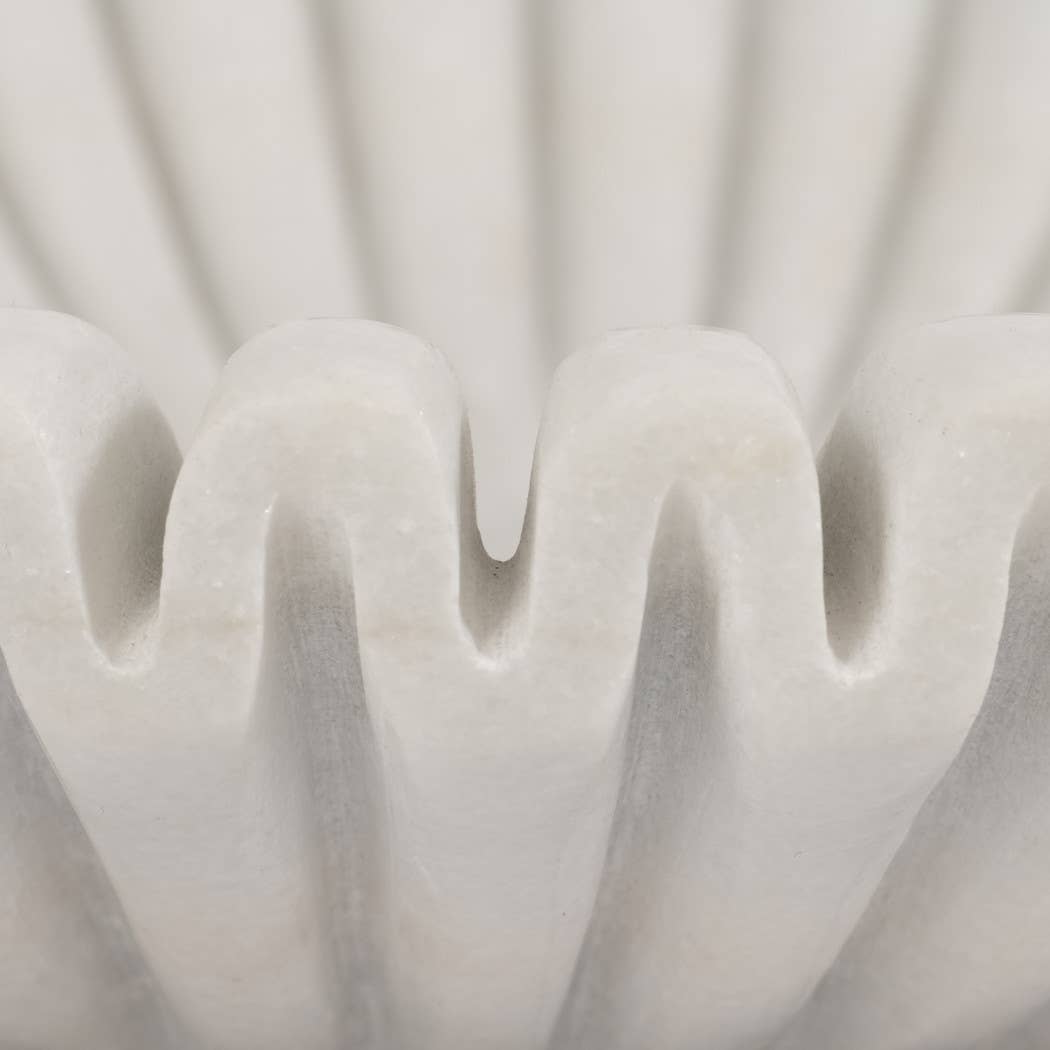 Marble Stone Pleated Ribbed Decorative Bowl - White, 12 in.
