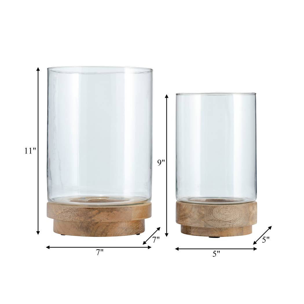 Glass Hurricane Holder on Wood Base Set - Clear, 9/11 in.