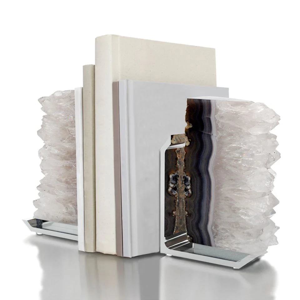 Fim Bookends, Agate Druze & Silver, Set of 2