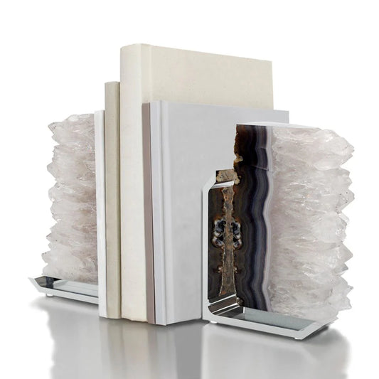 Fim Bookends, Agate Druze & Silver, Set of 2