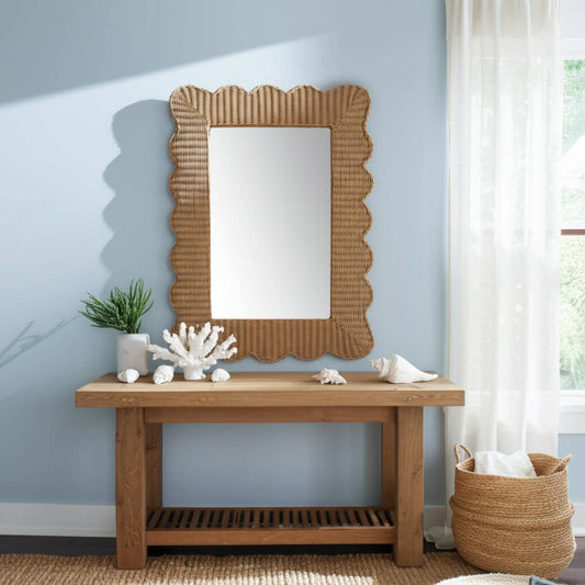 Woven Wicker Scalloped Edge Coastal Mirror - Tan, 44 in.