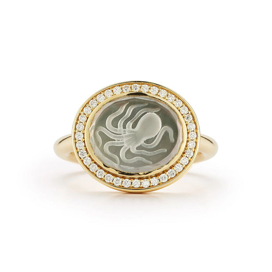 Pavé Octopus Caspian Ring- Grey Mother-of-Pearl and Diamond - Size 6.5