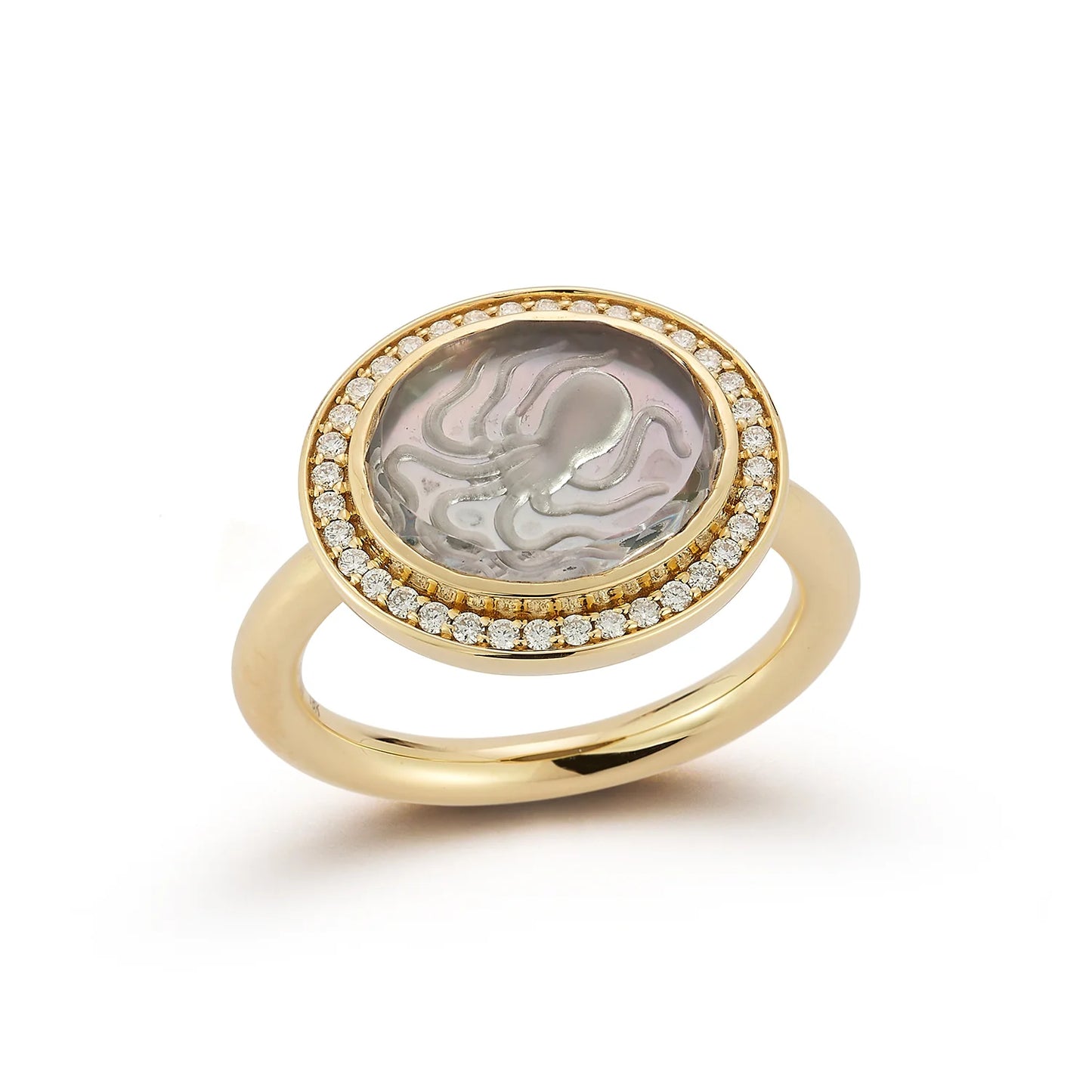 Pavé Octopus Caspian Ring- Grey Mother-of-Pearl and Diamond - Size 6.5