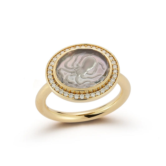 Pavé Octopus Caspian Ring- Grey Mother-of-Pearl and Diamond - Size 6.5