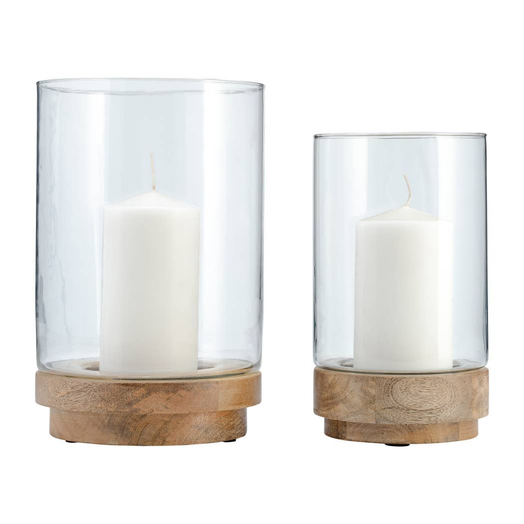 Glass Hurricane Holder on Wood Base Set - Clear, 9/11 in.
