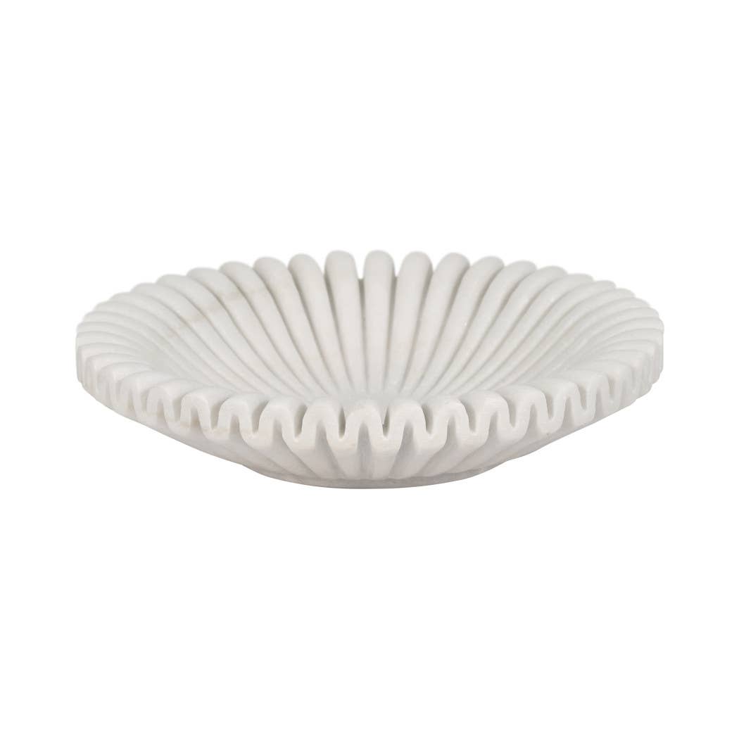 Marble Stone Pleated Ribbed Decorative Bowl - White, 12 in.