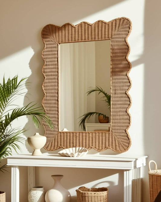 Woven Wicker Scalloped Edge Coastal Mirror - Tan, 44 in.