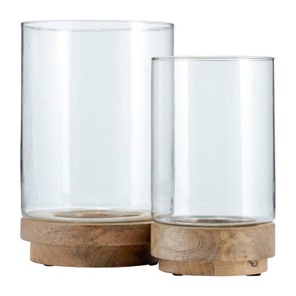 Glass Hurricane Holder on Wood Base Set - Clear, 9/11 in.
