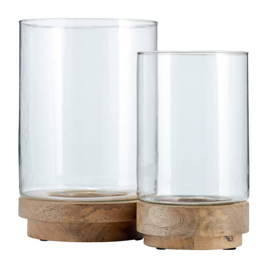 Glass Hurricane Holder on Wood Base Set - Clear, 9/11 in.