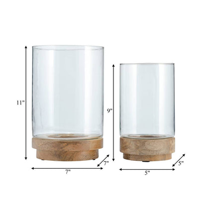 Glass Hurricane Holder on Wood Base Set - Clear, 9/11 in.