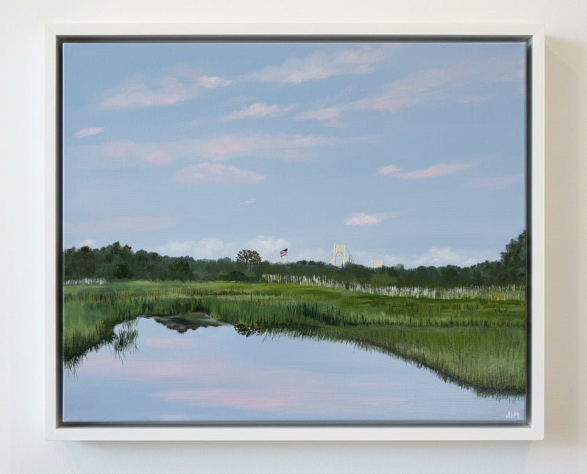 Framed painting of a landscape with a pond and sky reflection.
