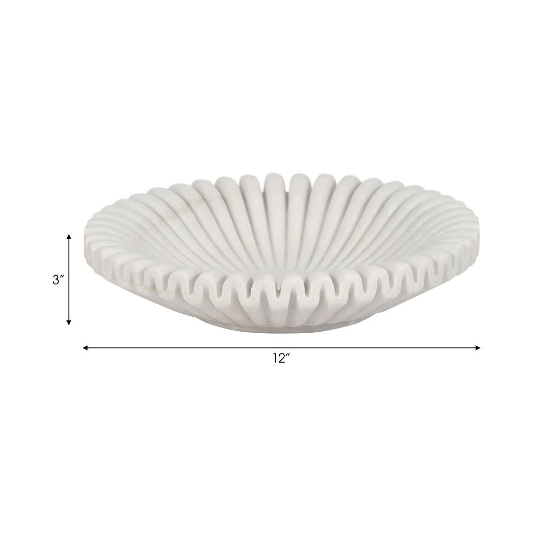 Marble Stone Pleated Ribbed Decorative Bowl - White, 12 in.