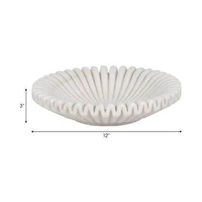 Marble Stone Pleated Ribbed Decorative Bowl - White, 12 in.