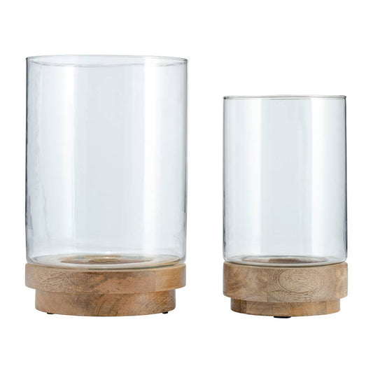 Glass Hurricane Holder on Wood Base Set - Clear, 9/11 in.