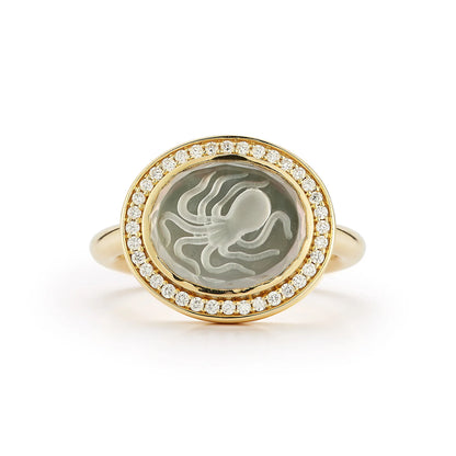 Pavé Octopus Caspian Ring- Grey Mother-of-Pearl and Diamond - Size 6.5