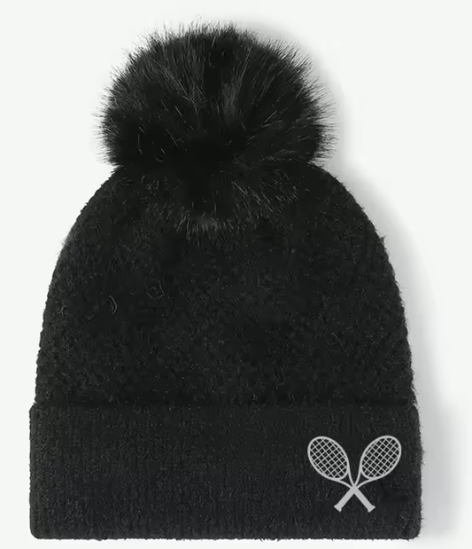 Tennis Pom Pom Beanie - Embroidered Racquets -Black
