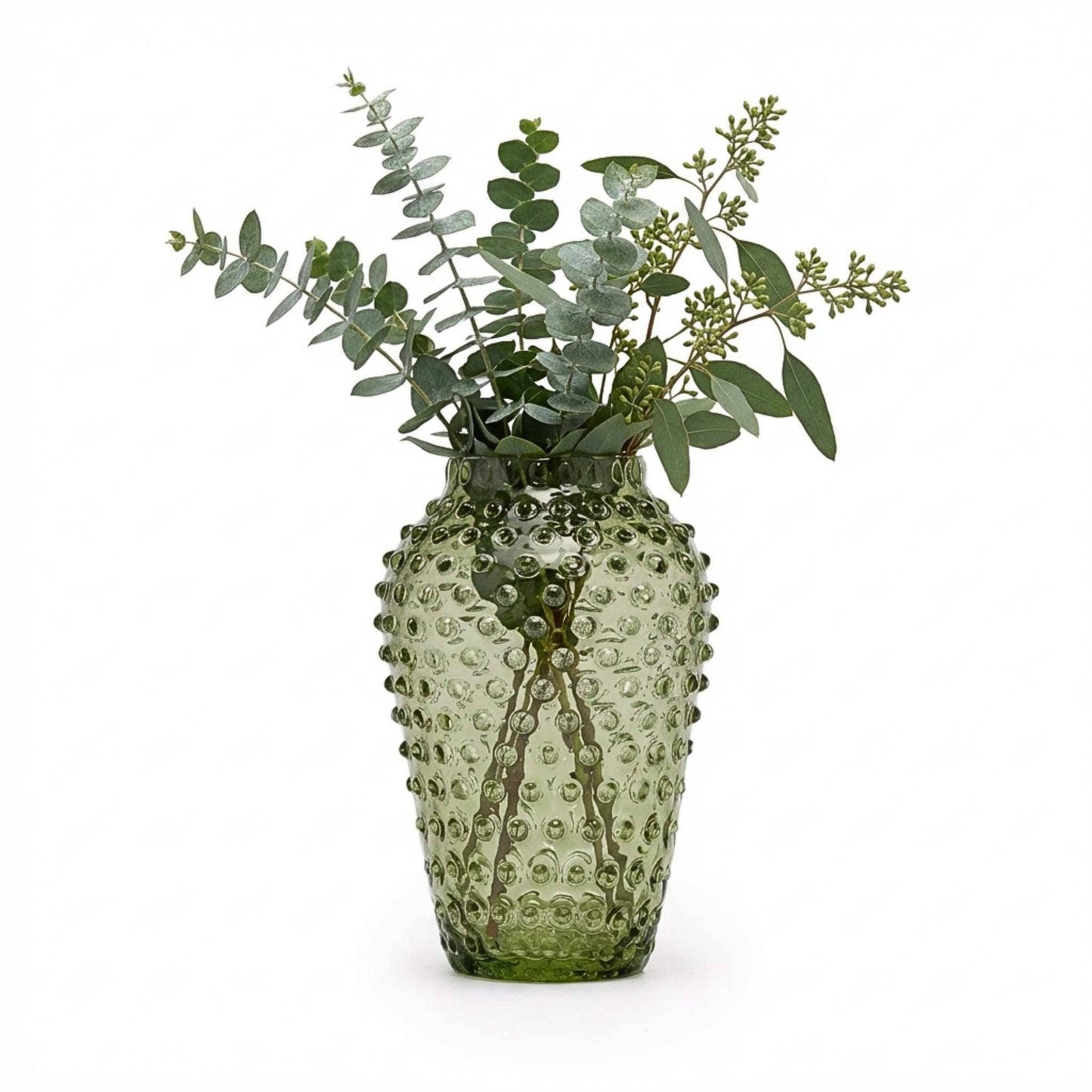 Hobnail Vase Barrel | Moss Green Glass Vase | Crystal Decor